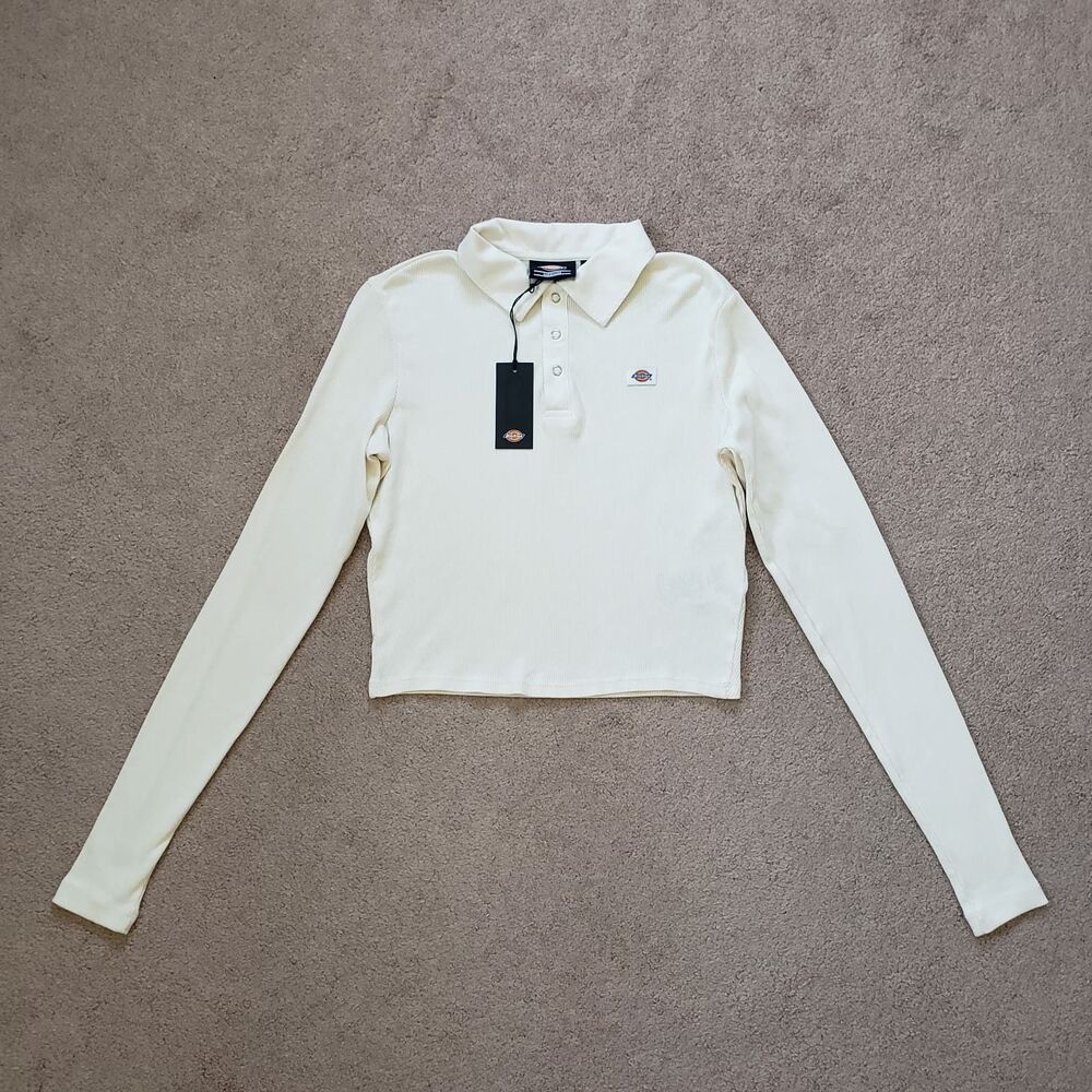 Nwt Dickies Tallasee Long Sleeve Polo Cropped Shirt Ribbed Knit Ivory Size Med